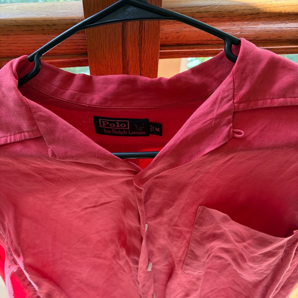 Polo Ralph Lauren Vintage Caldwell Loop Collar Camp Linen Silk Red Shirt Medium